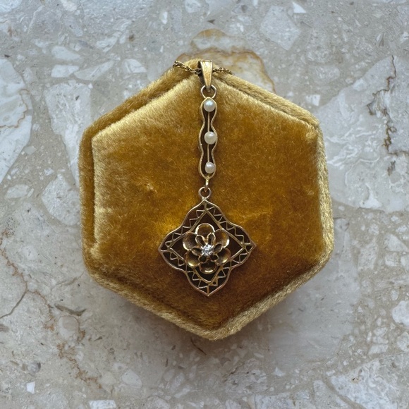 Antique Victorian Lavalier Diamond Pearl Pendant Necklace - Picture 2 of 7